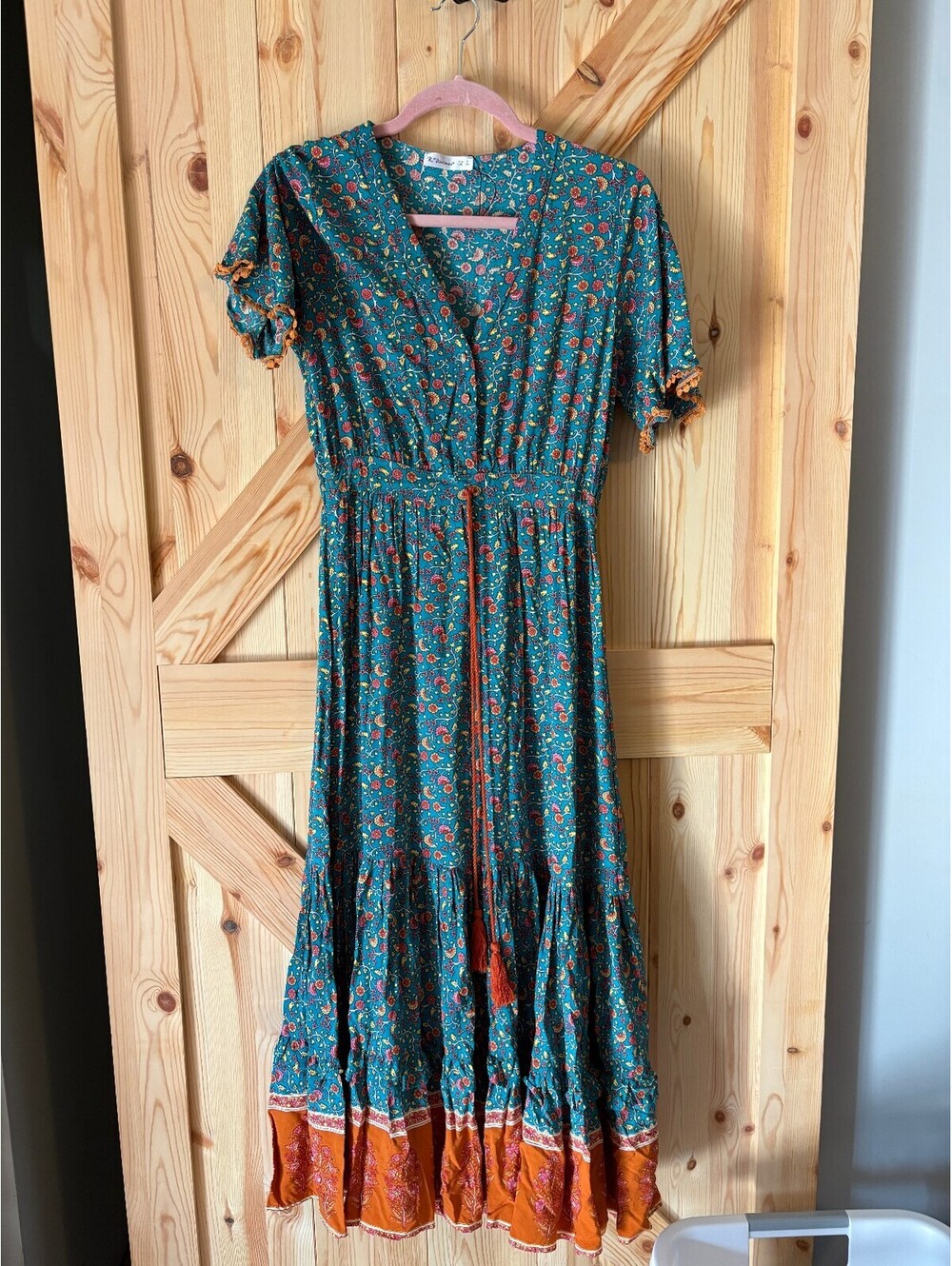 R. Vivimos Floral Patterned Maxi Dress with Orange Trim, Size S